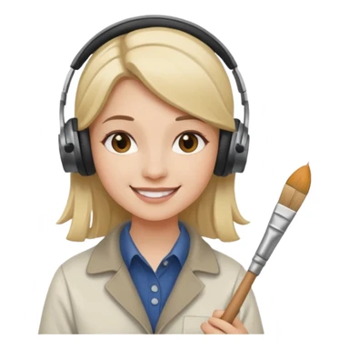 female artist wearing headphone, holding painter sticker