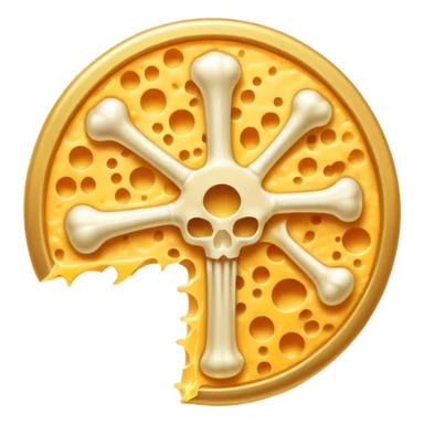 Glowing bone and vitamin K2 symbol with ethereal shredded cheese floating around them in a circular pattern. The cheese emits a soft golden light that flows toward the K2 and bone, creating a magical halo effect of bone-strengthening energy. sticker
