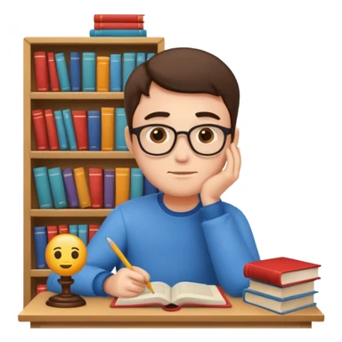 emoji man student studying at home with books, bored, room, white background sticker