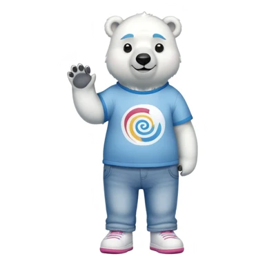 friendly anthropomorphised polar bear standing upright, looking chilled and unbothered, wearing a shirt, jeans, trainers, and spiral-shaped colorful glasses sticker