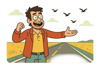 open road with flying birds symbolizing freedom, flat modern style, bright saturated colors golds greens reds blues, minimal but expressive, universal look sticker