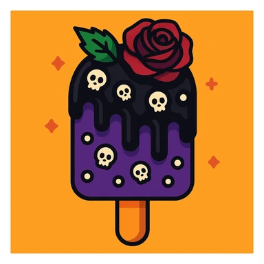 Gothic ice cream with black chocolate drizzle, tiny skull sprinkles, and a dark rose on top in a vibrant toon style. sticker