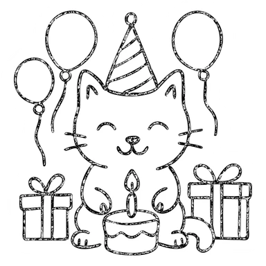 outlined icon of a kitten with a birthday hat, surrounded by balloons and presents, smiling, with a birthday cake sticker