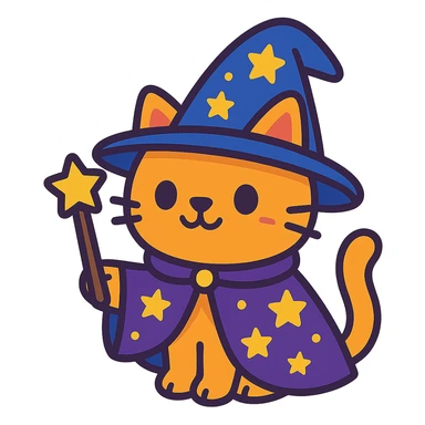 cute colorful cartoon style wizard cat with a wizard hat sticker