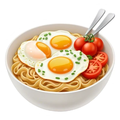 Spicy bowl of noodles with fried eggs and tomatoes  sticker