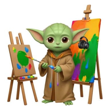Baby Yoda in his brown robe with headphones in his ears, painting a picture on an easel and surrounded by paint pots. sticker