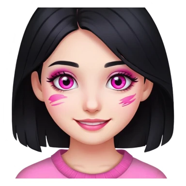 smiling girl with black hair and pink eye makeup smudged, no glitter sticker