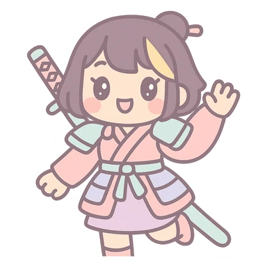 kawaii samurai girl with short hair and one streak of blonde in her hair, playful pose, kimono with armor accents, blushing cheeks sticker