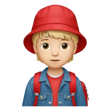 A little boy student, blonde hair, with red bucket hat, jean jacket, backpack sticker