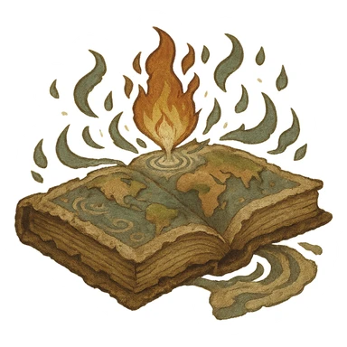 Make the ancient book with elemental motifs look even older, with tattered edges, faded elemental motifs, and mystical wear, in the style of apple emojis. Remove the background. sticker