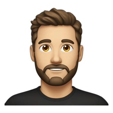 White man with a sun kissed tan, blue eyes and dark brown hair, styled sideways backwards. He has a beard and mustache trimmed. Wears s black t-shirt. sticker