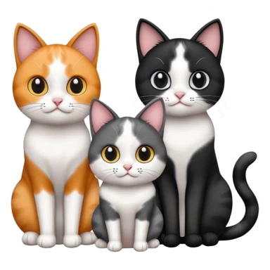 Three cats sitting together: one black and white, one calico (three-colored), and one gray, simple and cute emoji style sticker