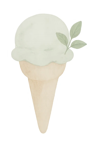 mint ice cream cone with rounded cone, light green ice cream with brush strokes, delicate mint leaves, watercolor style sticker