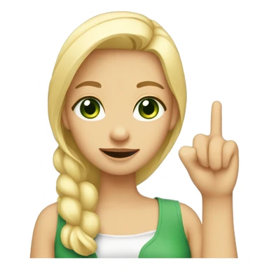 girl with blonde hair and green eyes, showing her finger sticker
