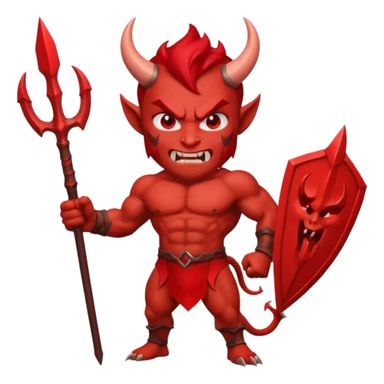 Emoji-style devil: red skin, horns, muscular body, red trident, angry face, sticker