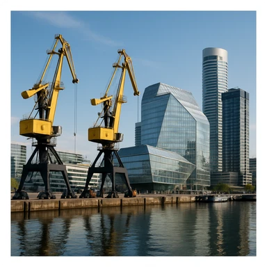 photorealistic port with industrial cranes, modern architecture sticker