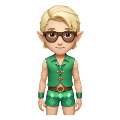 elf male legolas portrait, patterned board shorts (geometric/abstract), unique wooden-framed sunglasses, undercut hairstyle, slight smirk, visible pointy ears, no background, centered emoji, hipster summer vibe sticker