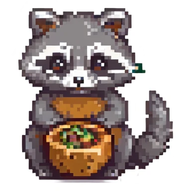 raccoon eating, pixel art style sticker