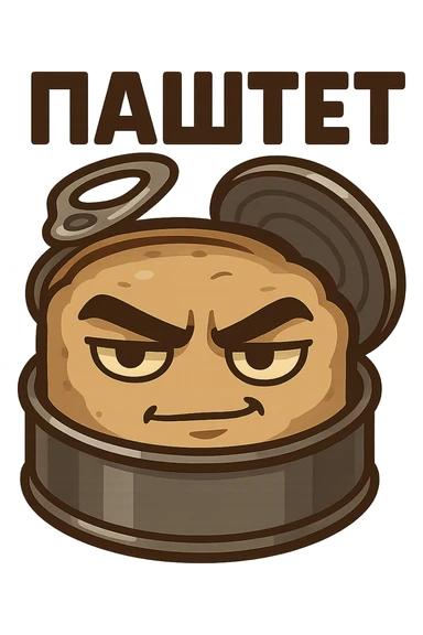 Chibi style open pâté tin can with visible pâté inside, masculine vibe, confident tough expression, half-smile smirk, thick eyebrows, slightly narrowed eyes, calm dominant energy, cartoon but not babyish, strong simple shapes, thick bold outline, muted colors (beige, brown, dark gray), flat illustration, no background, Twitch emote style, readable at small size, text on top saying "ПАСТЕТ" in bold strong Cyrillic letters sticker
