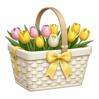 A white Picnic basket with yellow pastel bow, white peonie, tulips sticker