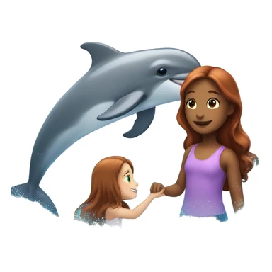 A girl with long reddish brown hair training a dolphin sticker