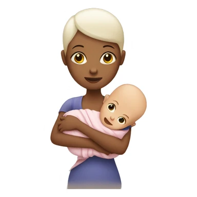 A women with no hair holding a baby the size of a house sticker