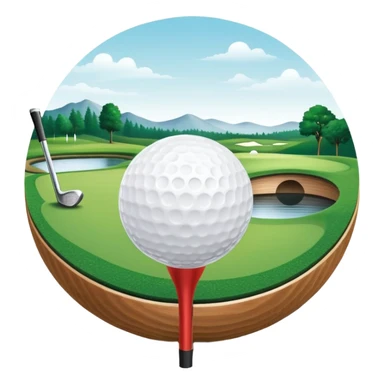 A golf ball on a tee with a golf club placed beside it, set against the backdrop of a well-manicured green golf course. The scene emphasizes the equipment and serene atmosphere of the sport, with soft lighting and a peaceful, open landscape sticker