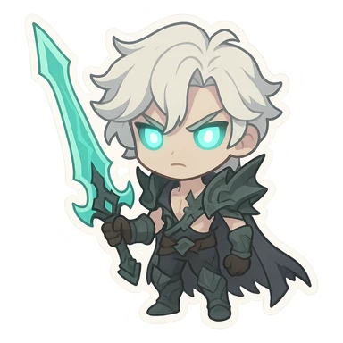 Viego from League of Legends, chibi style, holding his sword, glowing eyes sticker