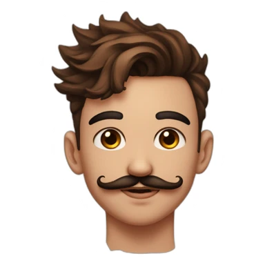 Young man with mustache and goate , broken hair, rose tattoo on front of neck, piercing in nose septum and one piercing in nose From side cyrcle sticker