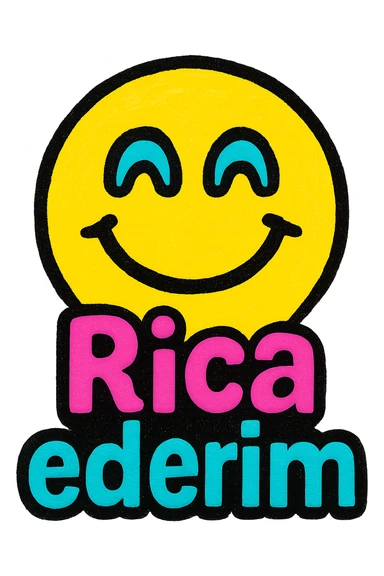 smiling face emoji with cheerful expression, colorful and vibrant style, with clear and legible text 'Rica ederim' on it sticker