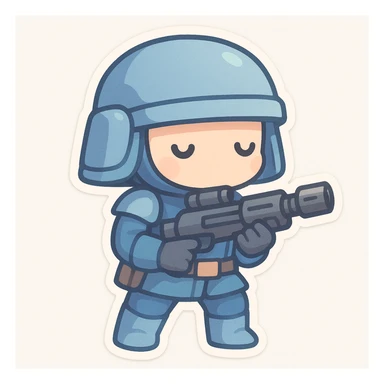 chibi sticker of a sci-fi soldier in a mostly blue uniform, holding a futuristic blaster, cute proportions, pastel colors, white background sticker