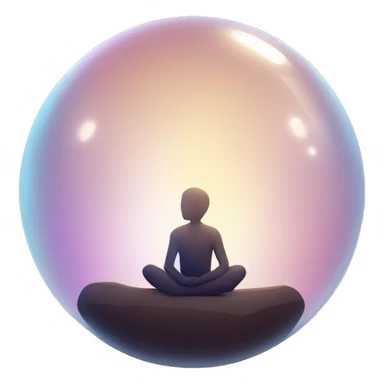 A minimalist figure sitting calmly inside a large, glowing bubble. The bubble shimmers with subtle gradients or lines, symbolizing introspection and protection. sticker