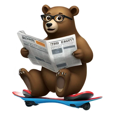 Bear riding a hoverboard while wearing glasses and reading a newspaper. sticker