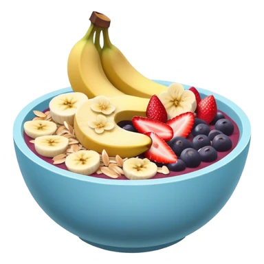 acai bowl topped with fresh cut banana strawberry toppings with shaved toasted coconut flakes in a light blue bowl sticker
