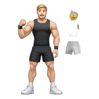 Full height Actively gesturing with hands Pale skinned fit man With the biceps and brown hair In dark gray sleeveless mike, black oversize sports shorts, watch and white sneakers sticker