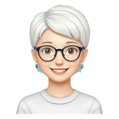smiling girl with glasses indoors cropped pixie white hair  sticker