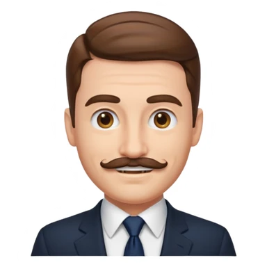 smiling Caucasian man emoji, slicked back brown hair, black suit, navy tie, mustache sticker