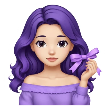 Girl with black wavy long hair and a lavender ribbon hair clip beside it make it look like wearing a lavender off shoulder sweater  sticker