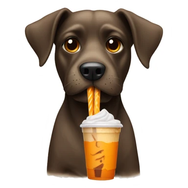 dog drinking iced coffee with orange straw sticker