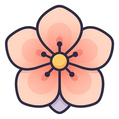 cute peach flower, strictly front view, icon-color-outlined style, volumetric, detailed petals, smooth color transitions, shadows and highlights, thin clean contours, soft rounded shapes, pastel palette #98B5BC, #B5B3C1, #C9A3C9, #E4C0CA, #F7DCD1, #F7C0AA, modern Japanese pop art and sticker aesthetics, soft lighting, transparent background sticker