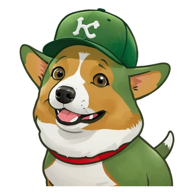 Corgi with a baseball hat sticker