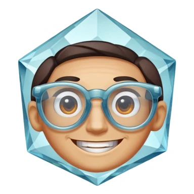 A single crystal gemstone character wearing glasses, chunky and irregular with faceted very sharp sides, smile, , high detail, soft lighting, centered on a plain dark background sticker