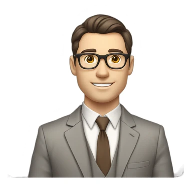 Pale skinned fit man with dark brown hair in gray jacket, beige office shirt, brown tie, brown pants and vintage glasses Writing text on a marker board sticker