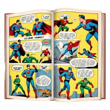 Icon for Vintage American Comics: an open comic magazine with classic 1940s-1950s American comic art, featuring superheroes in bold, bright colors, with action panels and exaggerated speech bubbles. The icon should represent the nostalgic style of vintage comics. Transparent background. sticker