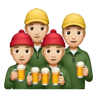 16 men on a golf trip wearing yellow golf caps all holding a beer can with a Xmas style label. Has to be 16 of them. sticker