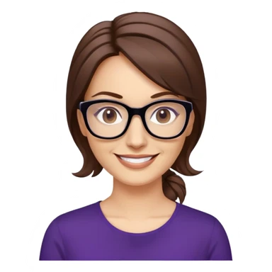 nữ 40 tuổi, da trắng, tóc được buộc gọn gàng màu nâu, mặt cười tươi vui vẻ, đeo kính màu đen, áo tím đậm sticker