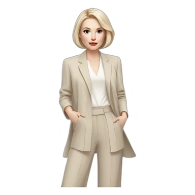 pale skin woman with ash blonde Straightened bob Hair, White Spacious classical jacket, beige palazzo Arrow pants and gray blouse holding a color palette in the hands sticker