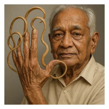 Shridhar Chillal, an elderly Indian man, showing his left hand with extremely long, curled fingernails, realistic style, neutral background sticker