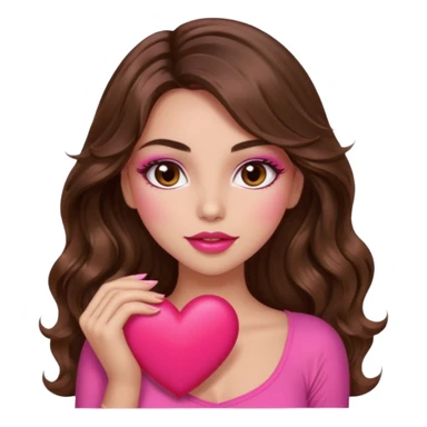 girl with long wavy brown hair, brown eyes, long lashes makeup, sexy pink lips, light to medium complexion, wearing a pink sexy top, squeezing a big heart sticker