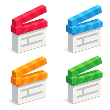 isometric view group of movie clapperboards in voxel style, white bodies with each lid a different bright color sticker
